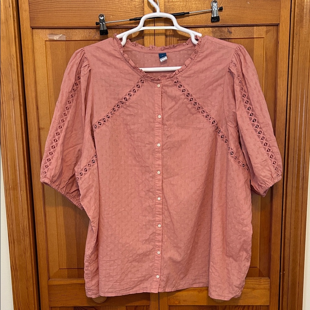 Old Navy Pink Puff‑Sleeve Lace‑Trim Clip‑Dot Blouse Plus 4X NWT Cotton Poplin